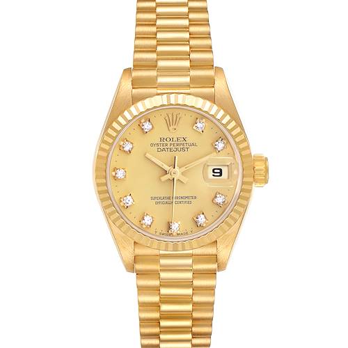 The Rolex President 69178 Women's Yellow Gold Champagne Dial 69178 Women's Yellow Gold Champagne Dial model is shown from the front, featuring a gold bracelet, diamond markers, and a date window.
