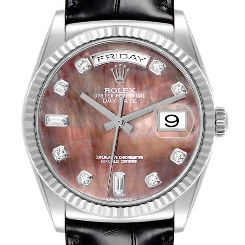 The image shows a frontal view of the Rolex President 118139 Men's White Gold Mother of Pearl Dial 118139 Men's White Gold Mother of Pearl Dial model, highlighting its dial, bezel, crown, and leather strap.
