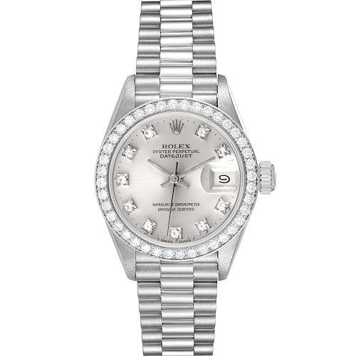 This image shows the front view of the Rolex President 69136 Women's Platinum Silver Dial 69136 Women's Platinum Silver Dial model watch, displaying its face, bezel, dial, and bracelet.