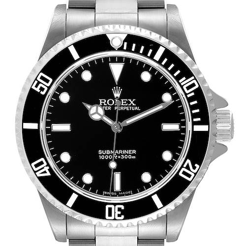 This image shows a front view of a Rolex Submariner 14060 Men's Stainless Steel Black Dial 14060 Men's Stainless Steel Black Dial watch, highlighting the dial, bezel, and part of the bracelet.