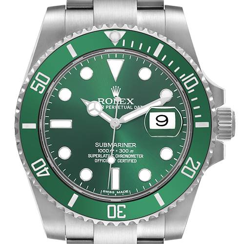 The Rolex Submariner 116610LV Men's Stainless Steel Green Dial 116610LV Men's Stainless Steel Green Dial watch is shown from the front, displaying the dial, bezel, and part of the bracelet.