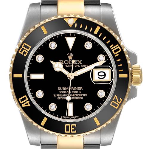 The Rolex Submariner 116613 Men's Steel and Gold (two tone) Black Dial 116613 Men's Steel and Gold (two tone) Black Dial watch is shown from the front, highlighting the dial, bezel, and part of the bracelet.
