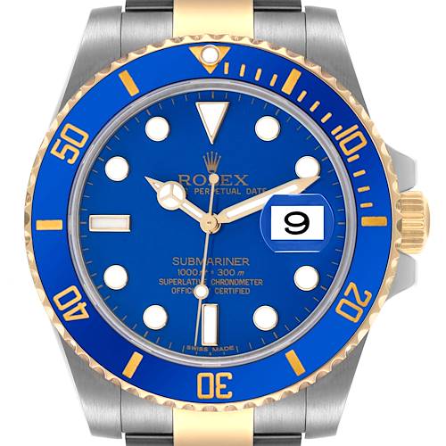 This Rolex Submariner 116613LB Men's Steel and Gold (two tone) Blue Dial 116613LB Men's Steel and Gold (two tone) Blue Dial is shown from the front, highlighting its blue dial, bezel, markers, and date magnifier.