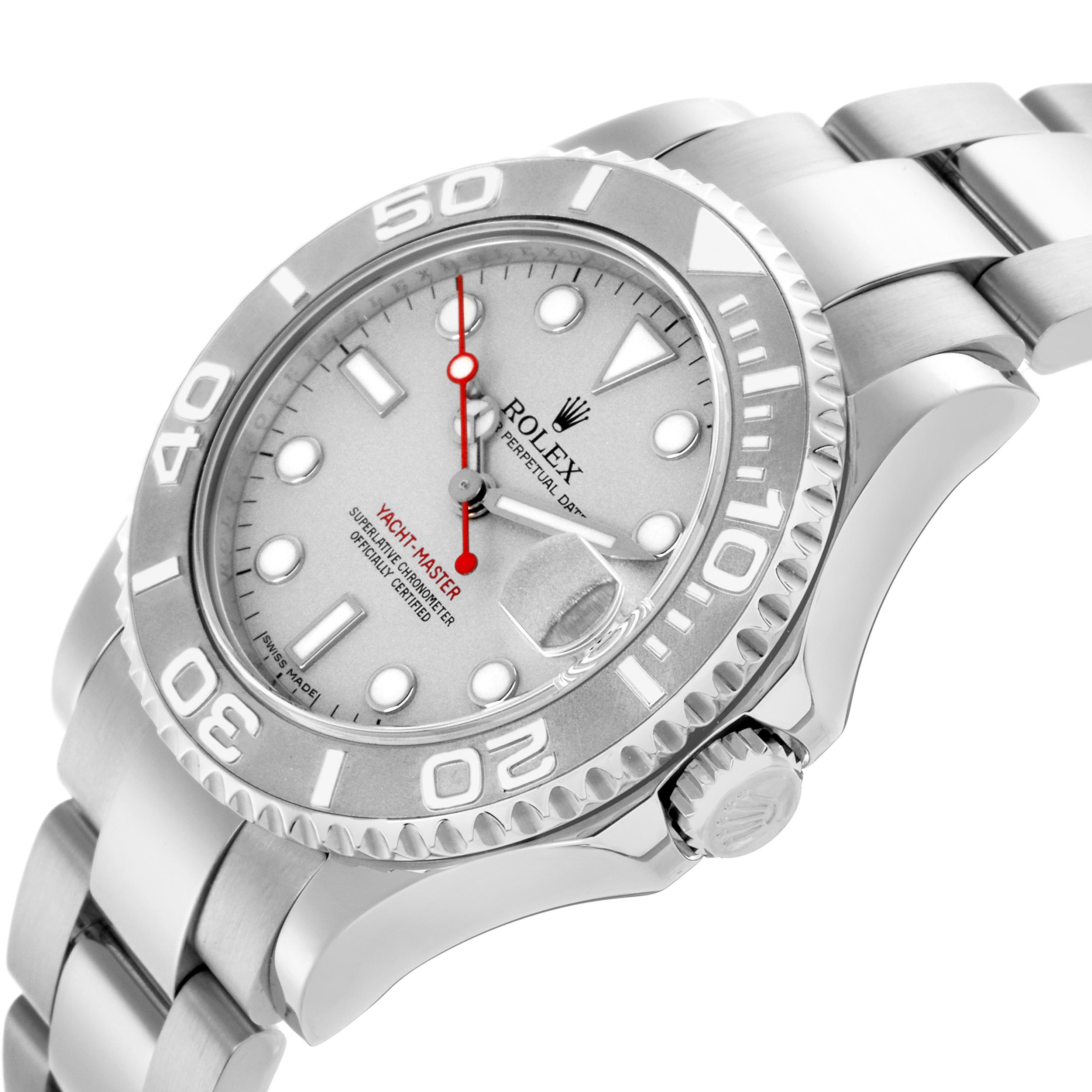 The Rolex Yacht-Master 168622 Men's Stainless Steel Silver Dial 168622 Men's Stainless Steel Silver Dial watch is shown at an angled view highlighting the dial, bezel, crown, and bracelet.