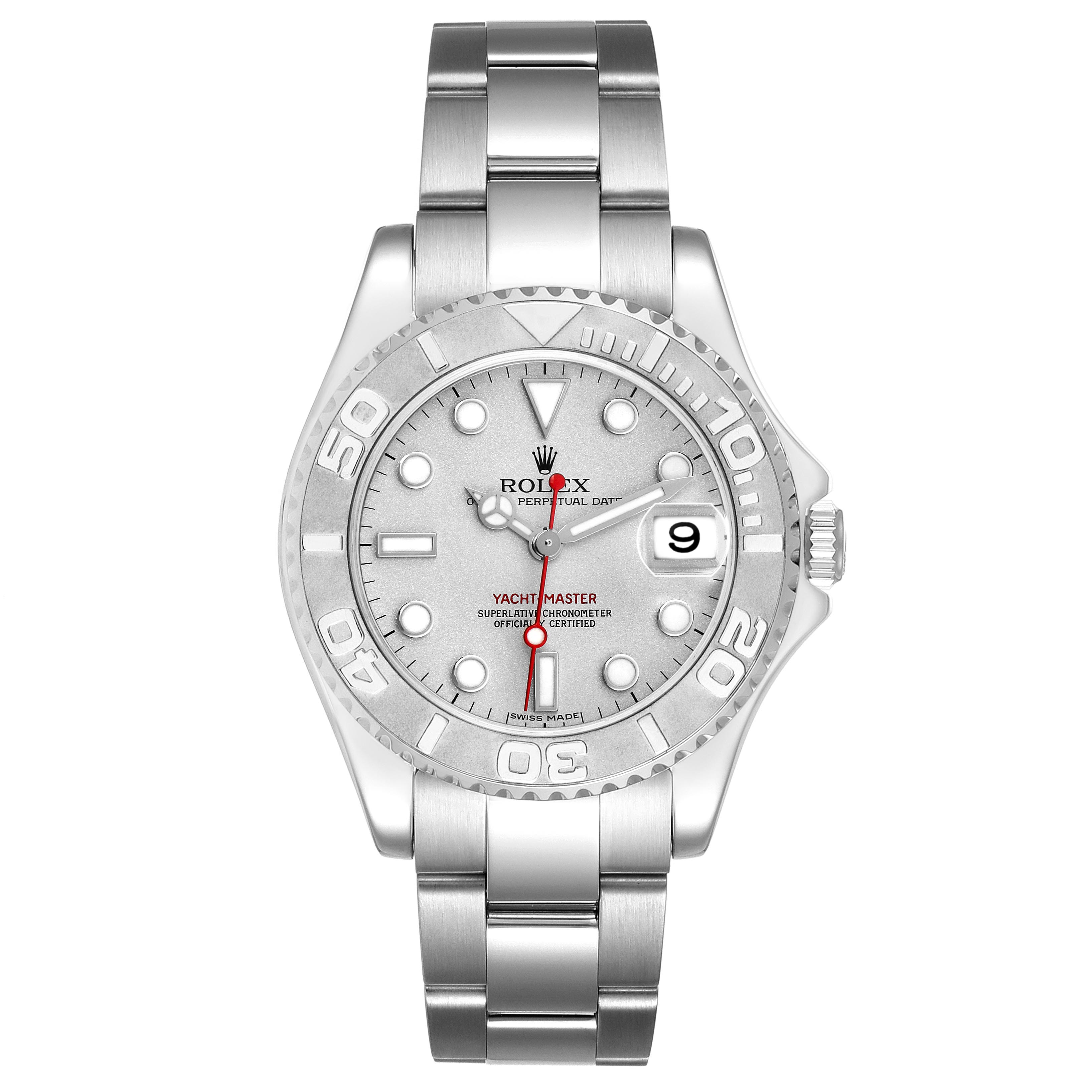 The Rolex Yacht-Master 168622 Men's Stainless Steel Silver Dial 168622 Men's Stainless Steel Silver Dial watch is shown from a top-down angle, displaying its face, bezel, and bracelet.