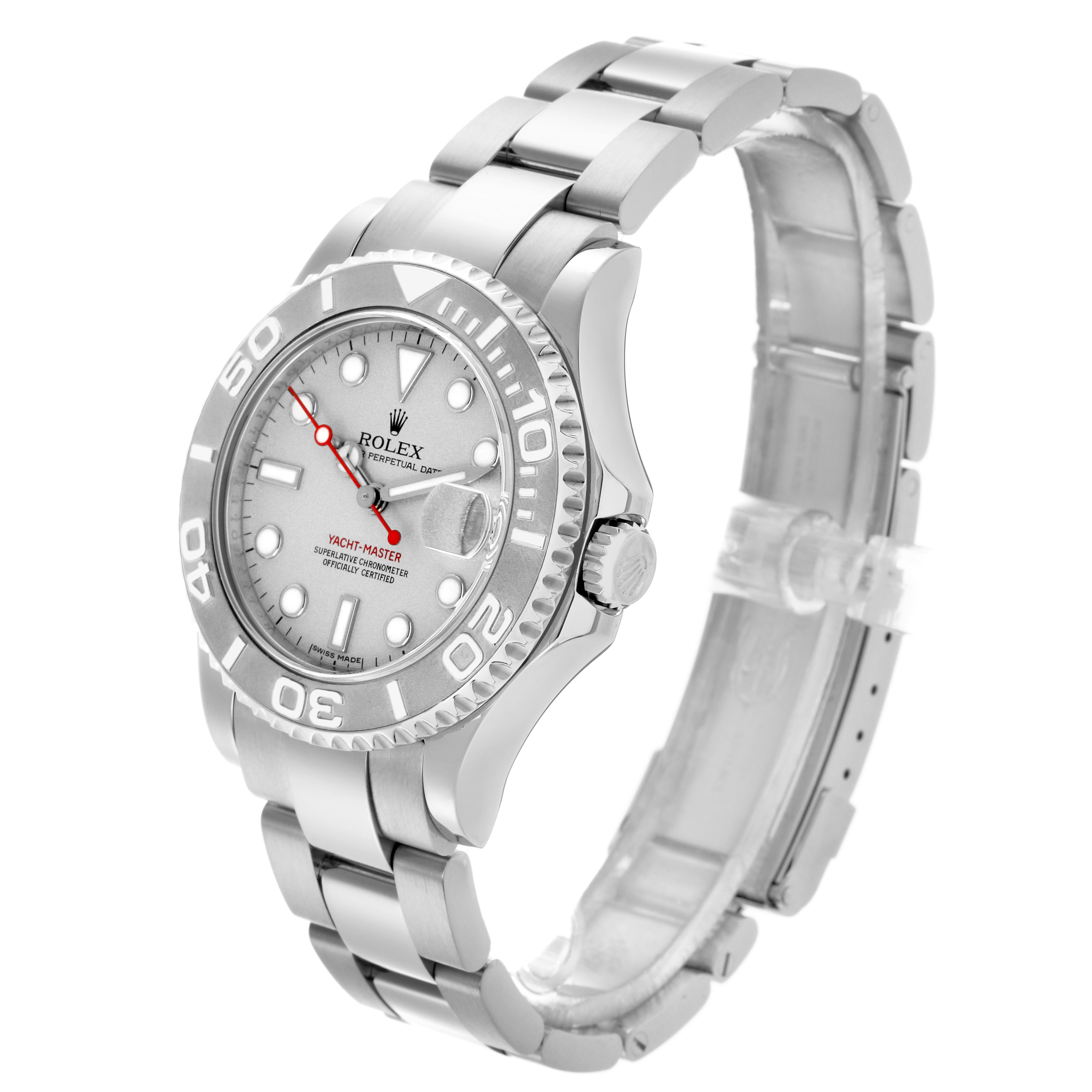 The Rolex Yacht-Master 168622 Men's Stainless Steel Silver Dial 168622 Men's Stainless Steel Silver Dial watch is shown at a three-quarter angle, displaying the face, bezel, crown, and part of the metal bracelet.