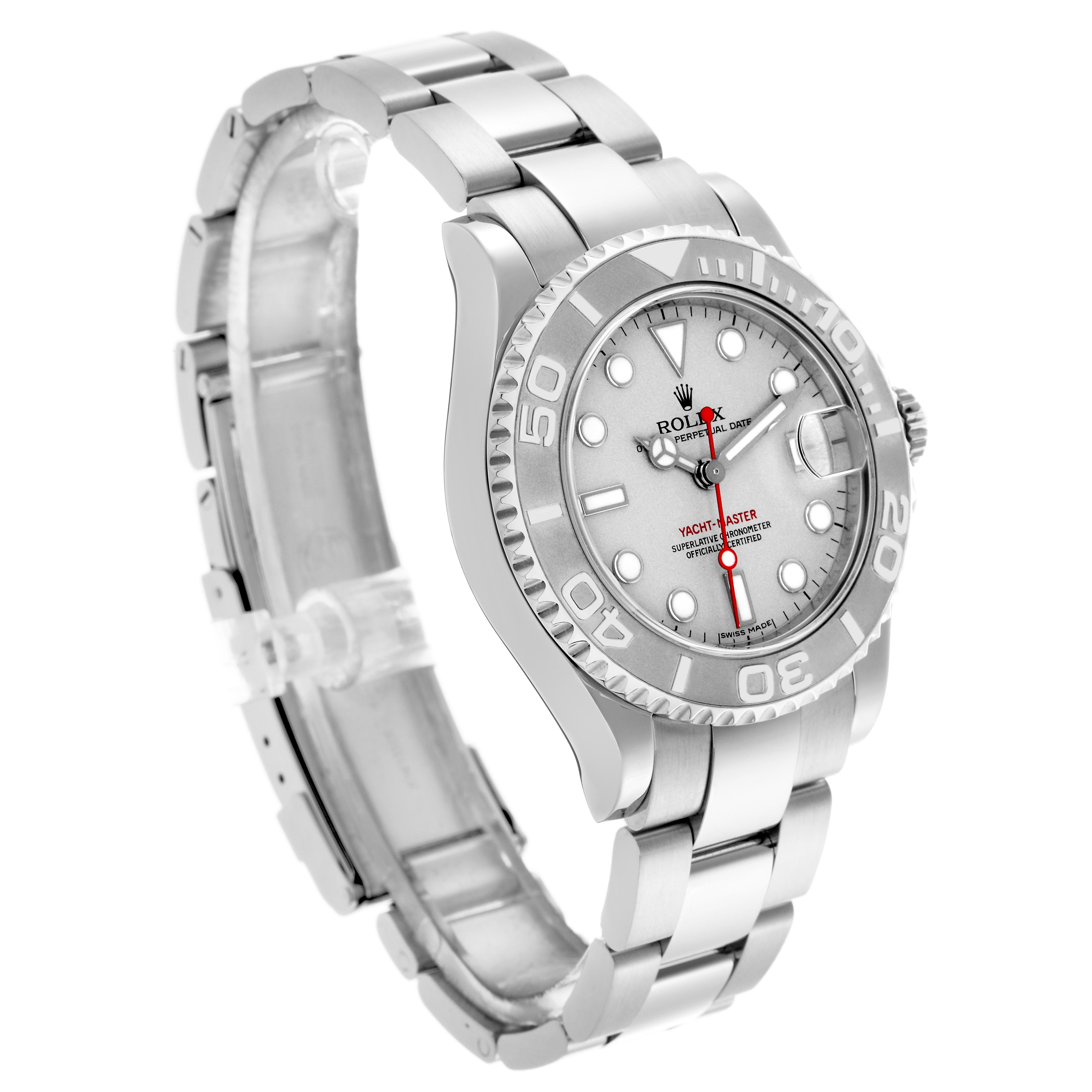 The Rolex Yacht-Master 168622 Men's Stainless Steel Silver Dial 168622 Men's Stainless Steel Silver Dial watch is shown at a three-quarter angle, displaying the dial, bezel, and full bracelet.