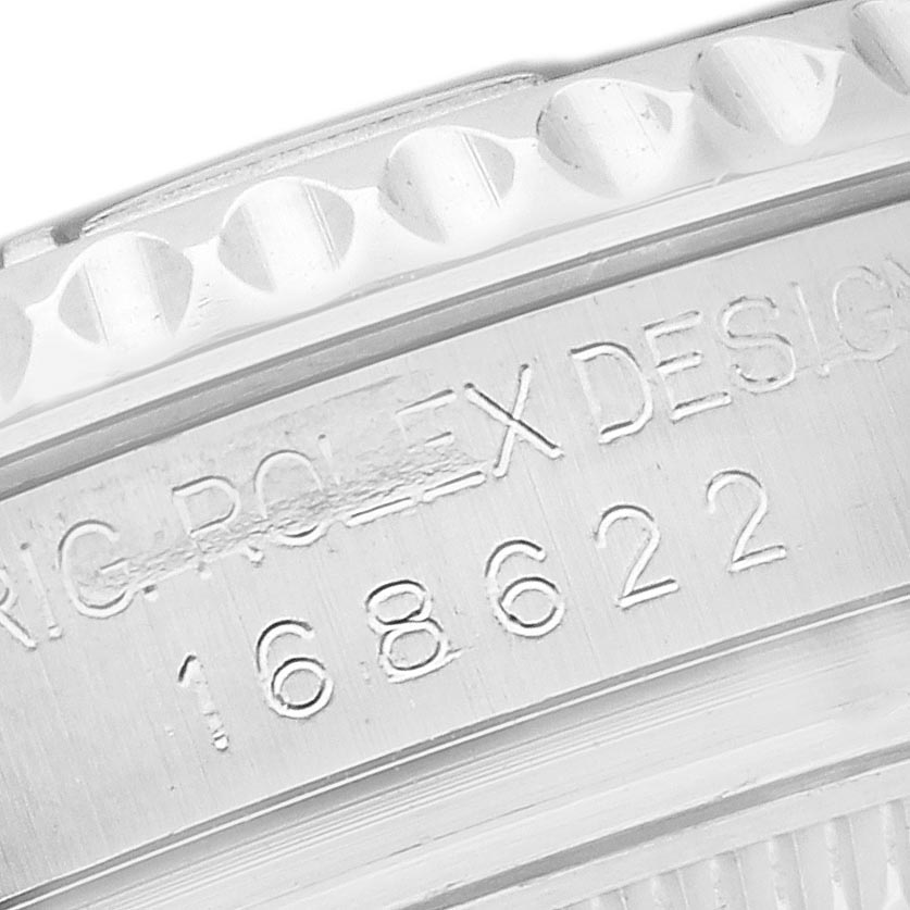 The image shows a close-up of the side of a Rolex Yacht-Master 168622 Men's Stainless Steel Silver Dial 168622 Men's Stainless Steel Silver Dial watch, highlighting the engraved model number "168622" on the case.