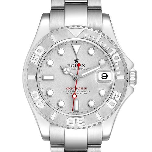 The Rolex Yacht-Master 168622 Men's Stainless Steel Silver Dial 168622 Men's Stainless Steel Silver Dial watch is shown from a top view, displaying its dial, bezel, and bracelet.