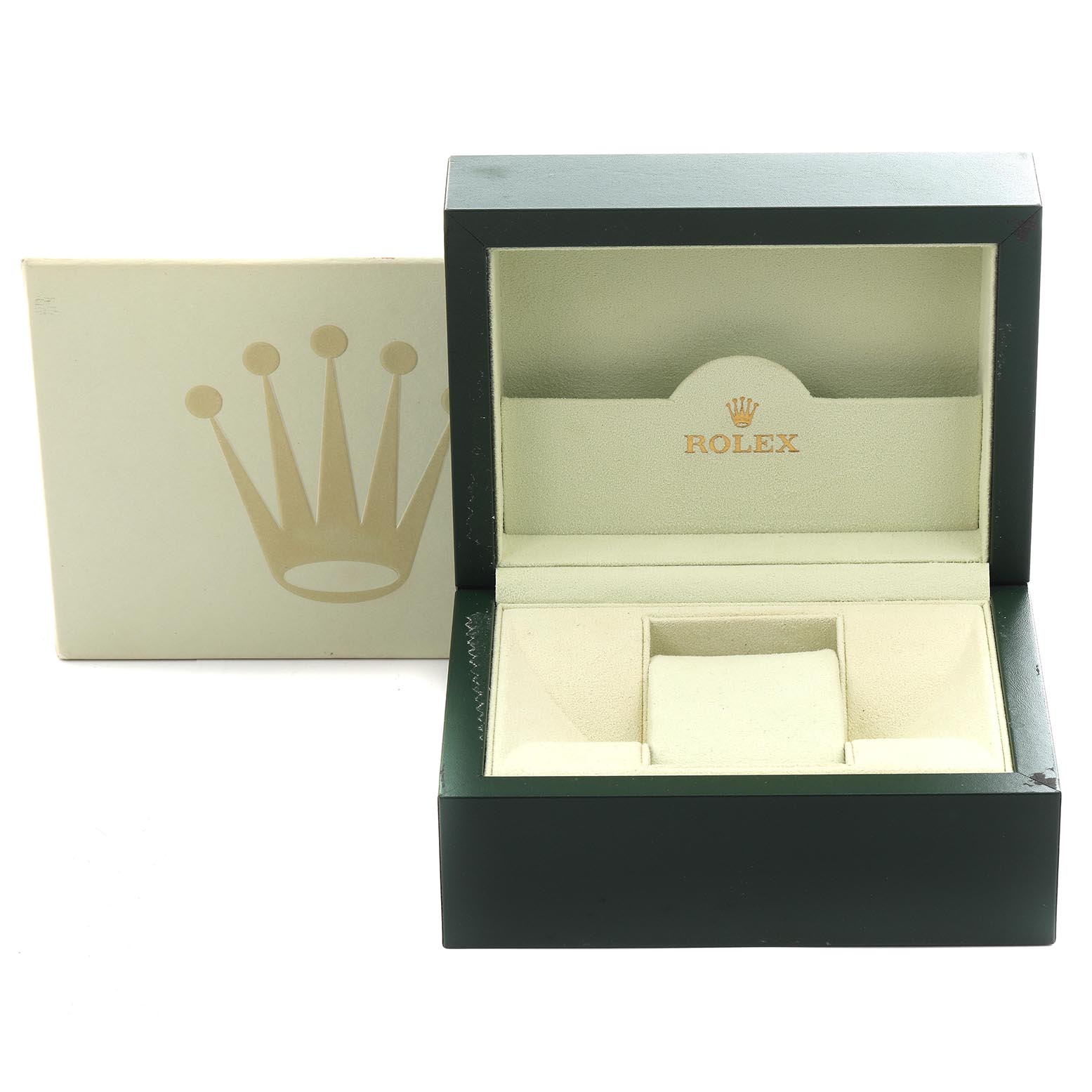 The image shows an open Rolex Yacht-Master 168622 Men's Stainless Steel Silver Dial 168622 Men's Stainless Steel Silver Dial watch box from a front angle, displaying its beige interior and green exterior.