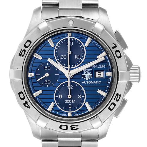 The Tag Heuer Aquaracer CAP2112.BA0833 Men's Stainless Steel Blue Dial CAP2112.BA0833 Men's Stainless Steel Blue Dial watch is shown from the front, displaying its blue dial, chronograph sub-dials, and date window.