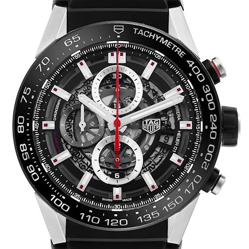 The image shows a front view of the Tag Heuer Carrera CAR2A1Z.FT6051 Men's Stainless Steel Black Dial CAR2A1Z.FT6051 Men's Stainless Steel Black Dial watch, highlighting its dial, tachymeter bezel, and chronograph subdials.