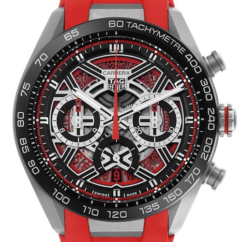 The image shows a front view of a Tag Heuer Carrera CBU2082 Men's Titanium Red Dial CBU2082 Men's Titanium Red Dial watch, featuring the face, bezel, and pushers.