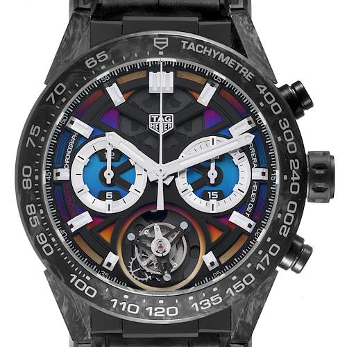 The Tag Heuer Carrera CAR5A8AF Men's Titanium Black Dial CAR5A8AF Men's Titanium Black Dial watch is shown from the front, displaying its intricate dial, subdials, and tachymeter bezel.