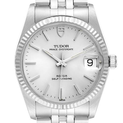 The image shows a front view of a Tudor Prince 74034 Men's Stainless Steel Silver Dial 74034 Men's Stainless Steel Silver Dial Oysterdate watch, featuring the dial, crown, bracelet, and date display.