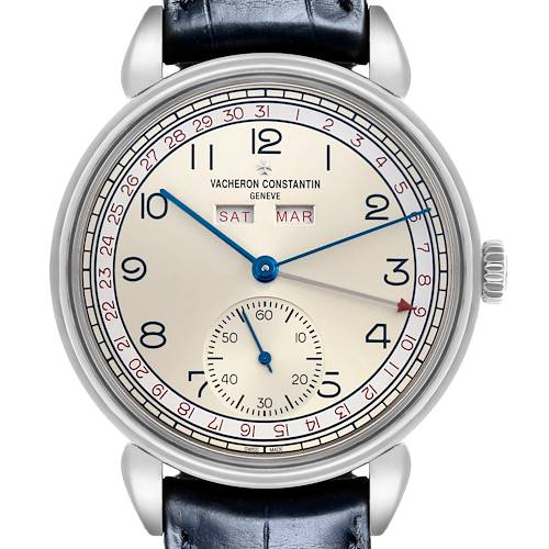 The Vacheron Constantin Historiques 3110V/000A-B425 Men's Stainless Steel Silver Dial 3110V/000A-B425 Men's Stainless Steel Silver Dial watch is shown from a front angle, displaying its dial, hands, subdial, and crown.