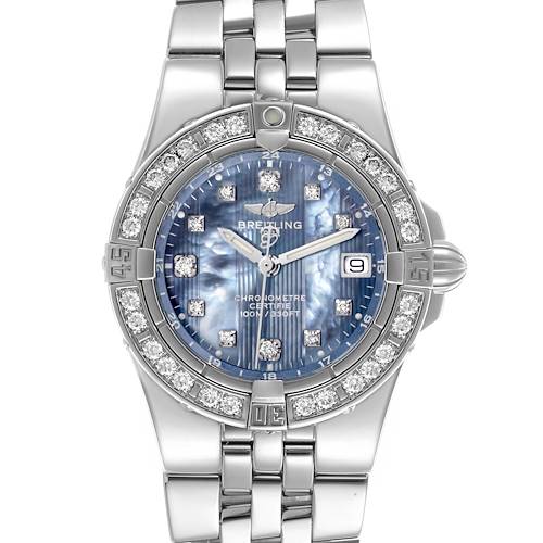 The Breitling A7134053/B798 Women's Stainless Steel Mother of Pearl Dial A7134053/B798 Women's Stainless Steel Mother of Pearl Dial Starliner model A71340 is shown from a top-down angle, displaying its blue mother of pearl dial, diamond markers, and steel bracelet.