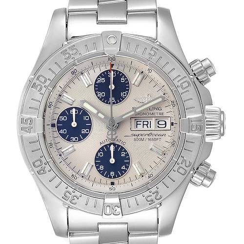 This image shows a frontal view of a Breitling Superocean A13340 Men's Stainless Steel Beige Dial A13340 Men's Stainless Steel Beige Dial watch, highlighting the dial, sub-dials, and the bracelet.