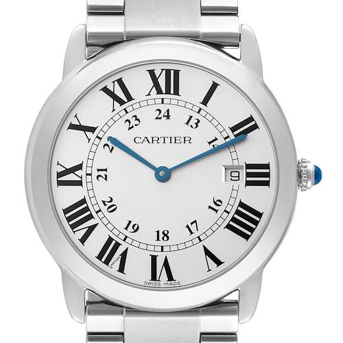 The Cartier Ronde W6701005 Men's Stainless Steel Silver Dial W6701005 Men's Stainless Steel Silver Dial watch is shown from the front, displaying its face, Roman numerals, blue hands, and part of the bracelet.