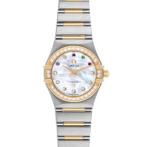 The Omega 111.25.23.60.55.001 Women's Steel and Gold (two tone) Mother of Pearl Dial 111.25.23.60.55.001 Women's Steel and Gold (two tone) Mother of Pearl Dial Constellation Beijing Steel Yellow Gold Diamond Watch is shown from the front, highlighting its dial, bezel, and bracelet.