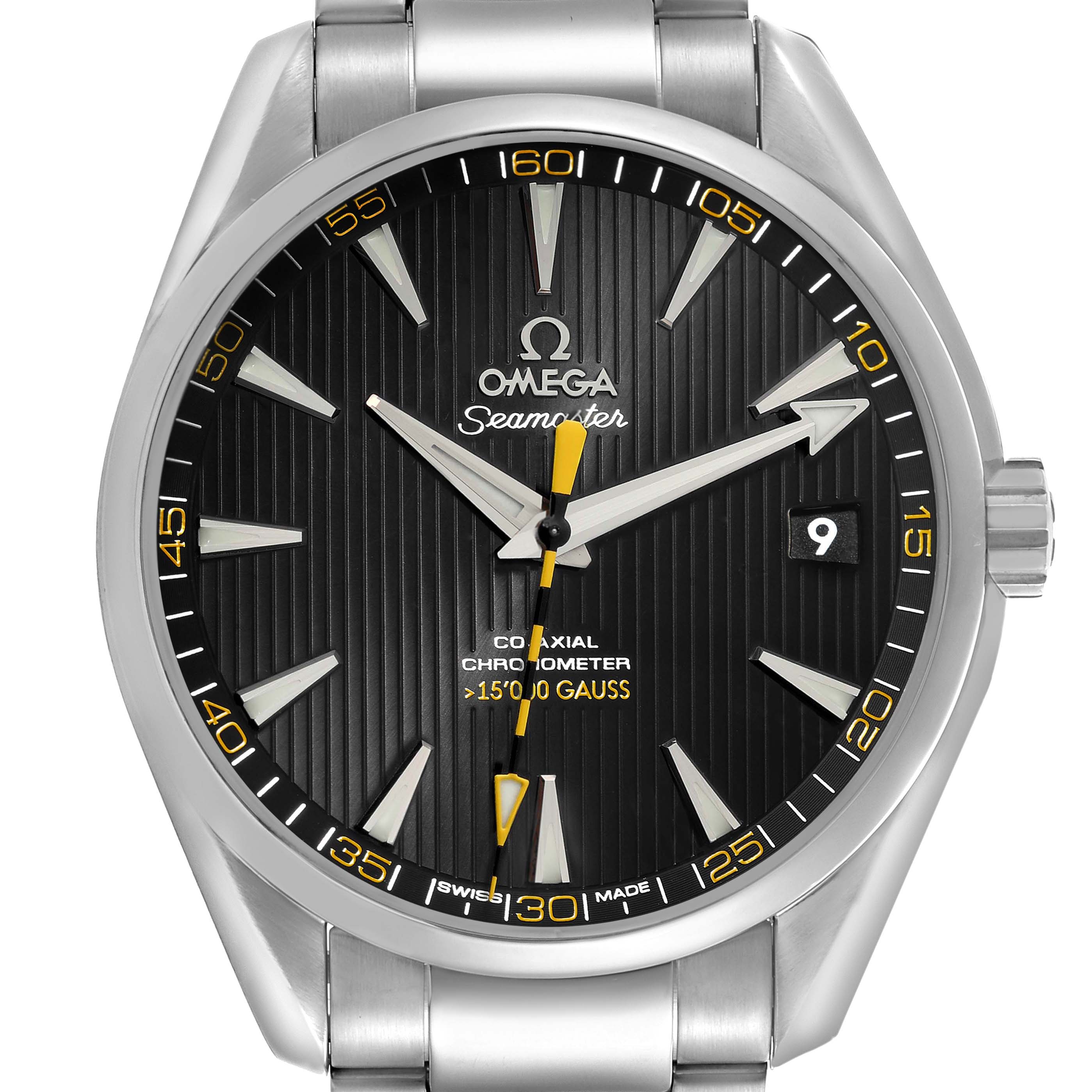The Omega Aqua Terra 231.10.42.21.01.002 Men's Stainless Steel Black Dial 231.10.42.21.01.002 Men's Stainless Steel Black Dial watch is shown from the front, displaying its dial, hands, markers, and date window clearly.