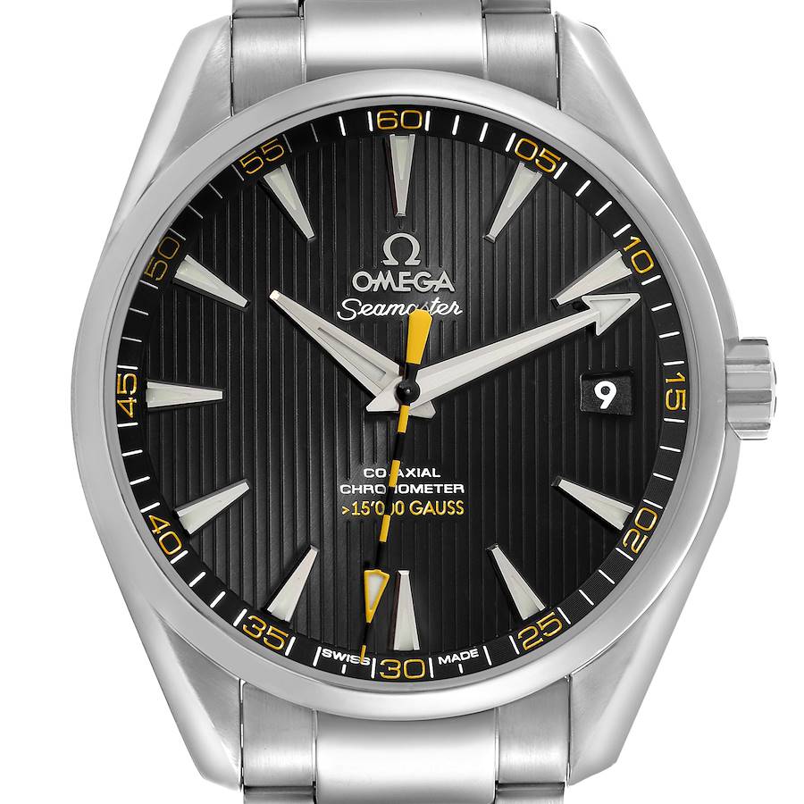 The Omega Aqua Terra 231.10.42.21.01.002 Men's Stainless Steel Black Dial 231.10.42.21.01.002 Men's Stainless Steel Black Dial watch is shown from the front, displaying its dial, hands, markers, and date window clearly.