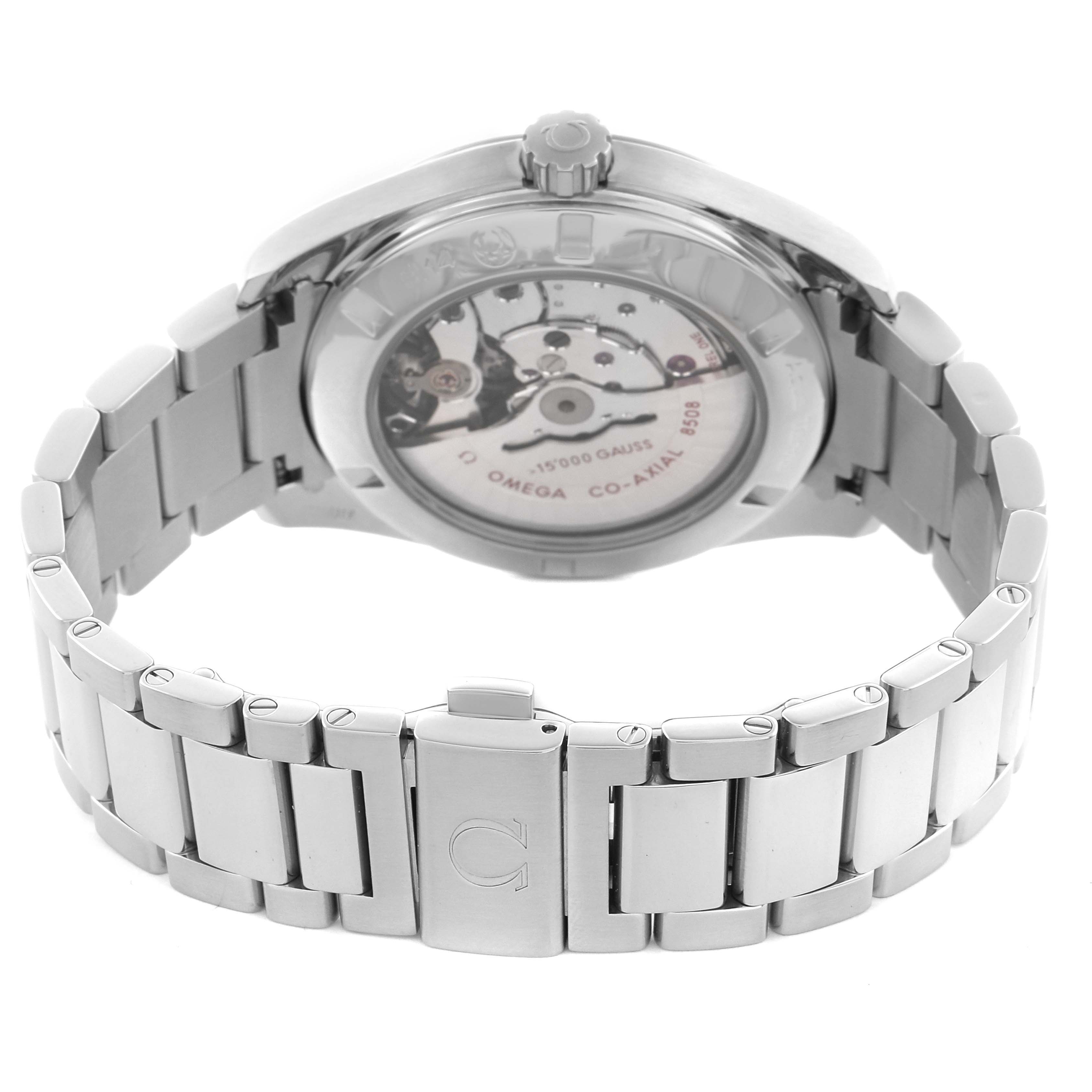 The Omega Aqua Terra 231.10.42.21.01.002 Men's Stainless Steel Black Dial 231.10.42.21.01.002 Men's Stainless Steel Black Dial watch is shown from the back, highlighting the movement and stainless steel bracelet.