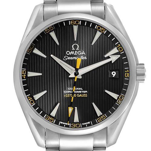 The Omega Aqua Terra 231.10.42.21.01.002 Men's Stainless Steel Black Dial 231.10.42.21.01.002 Men's Stainless Steel Black Dial watch is shown from a front angle, detailing the face, hands, indices, and part of the bracelet.