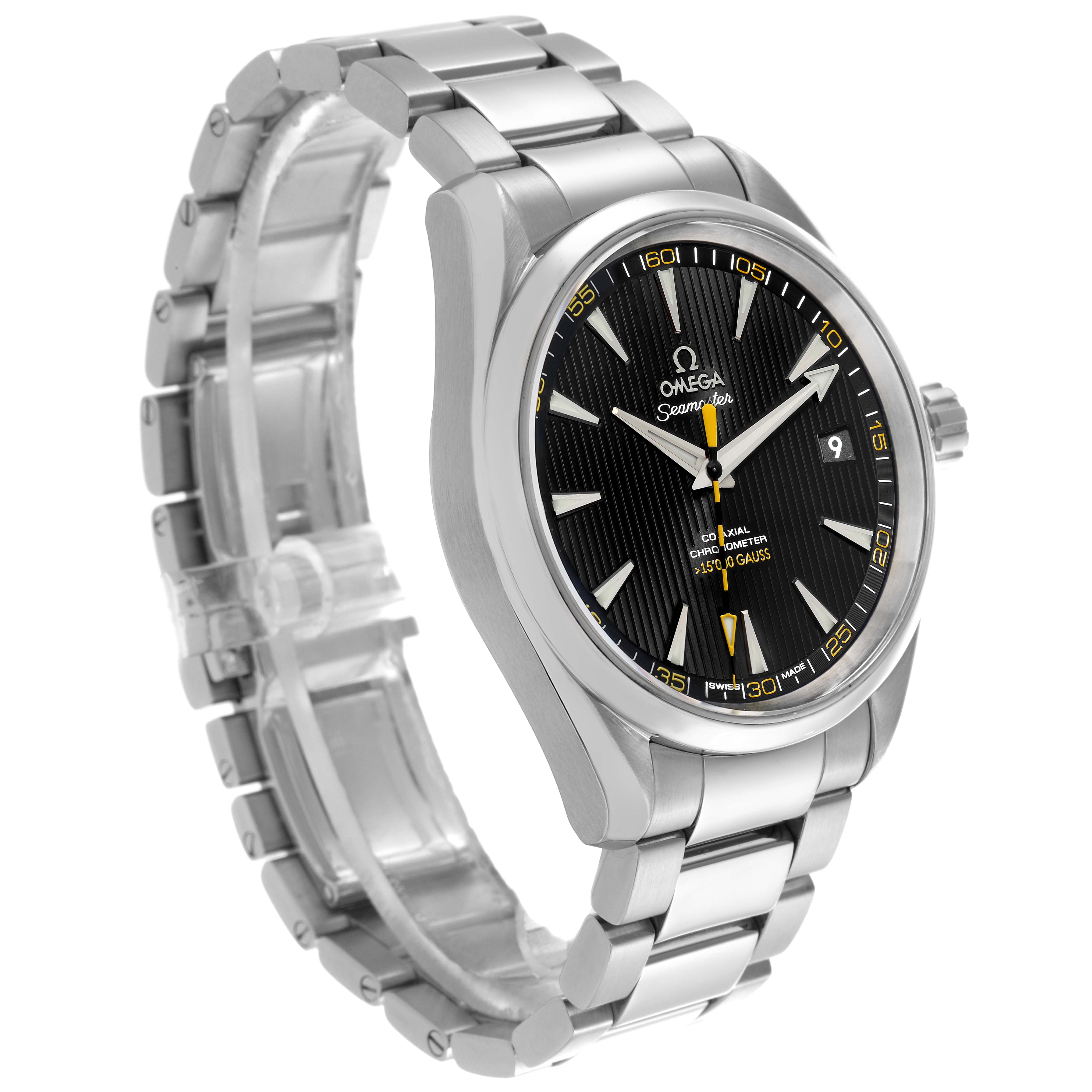 The Omega Aqua Terra 231.10.42.21.01.002 Men's Stainless Steel Black Dial 231.10.42.21.01.002 Men's Stainless Steel Black Dial watch is shown at a three-quarter angle, displaying the case, dial, bracelet, and crown.