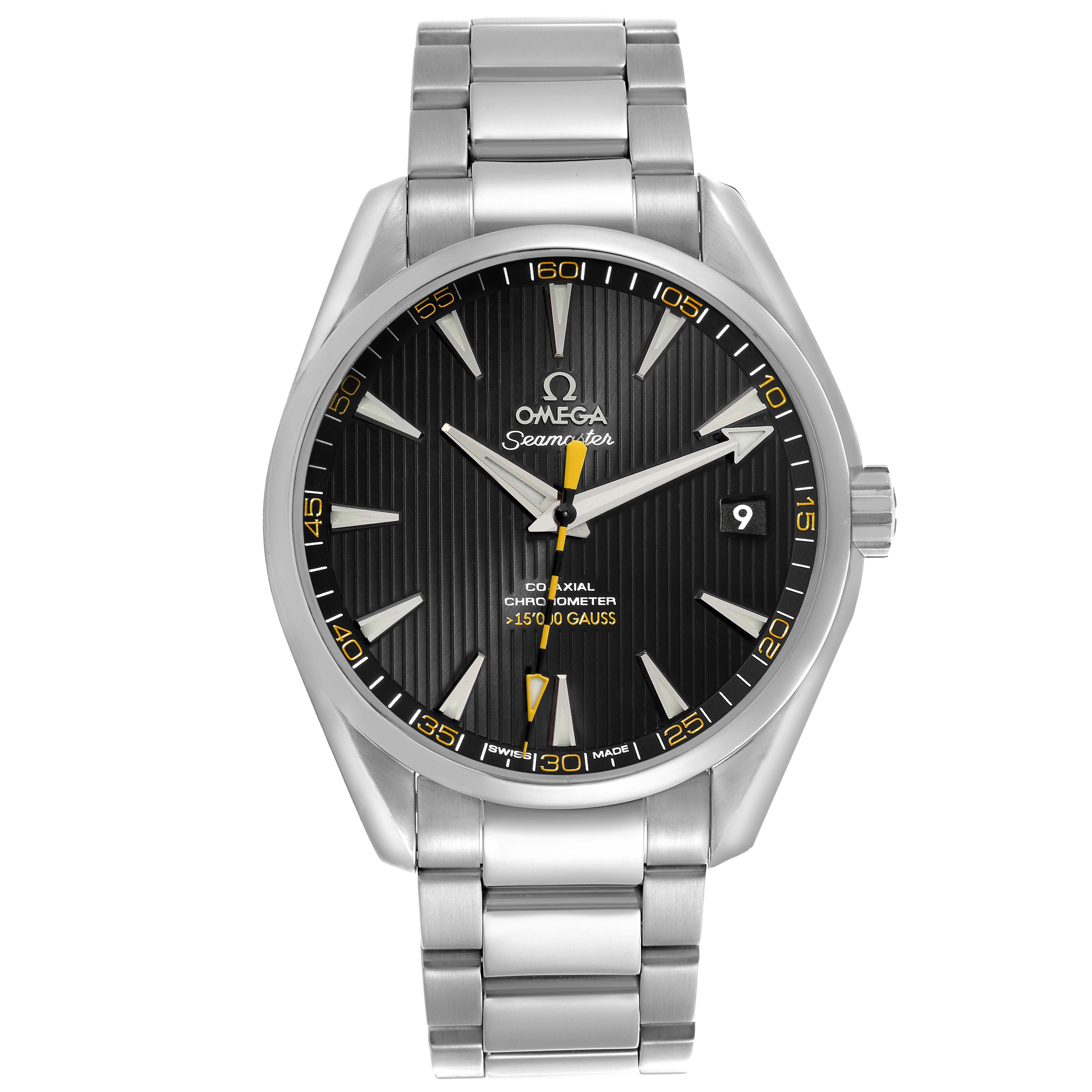The Omega Aqua Terra 231.10.42.21.01.002 Men's Stainless Steel Black Dial 231.10.42.21.01.002 Men's Stainless Steel Black Dial watch is shown from the front, displaying its dial, hands, case, and bracelet.