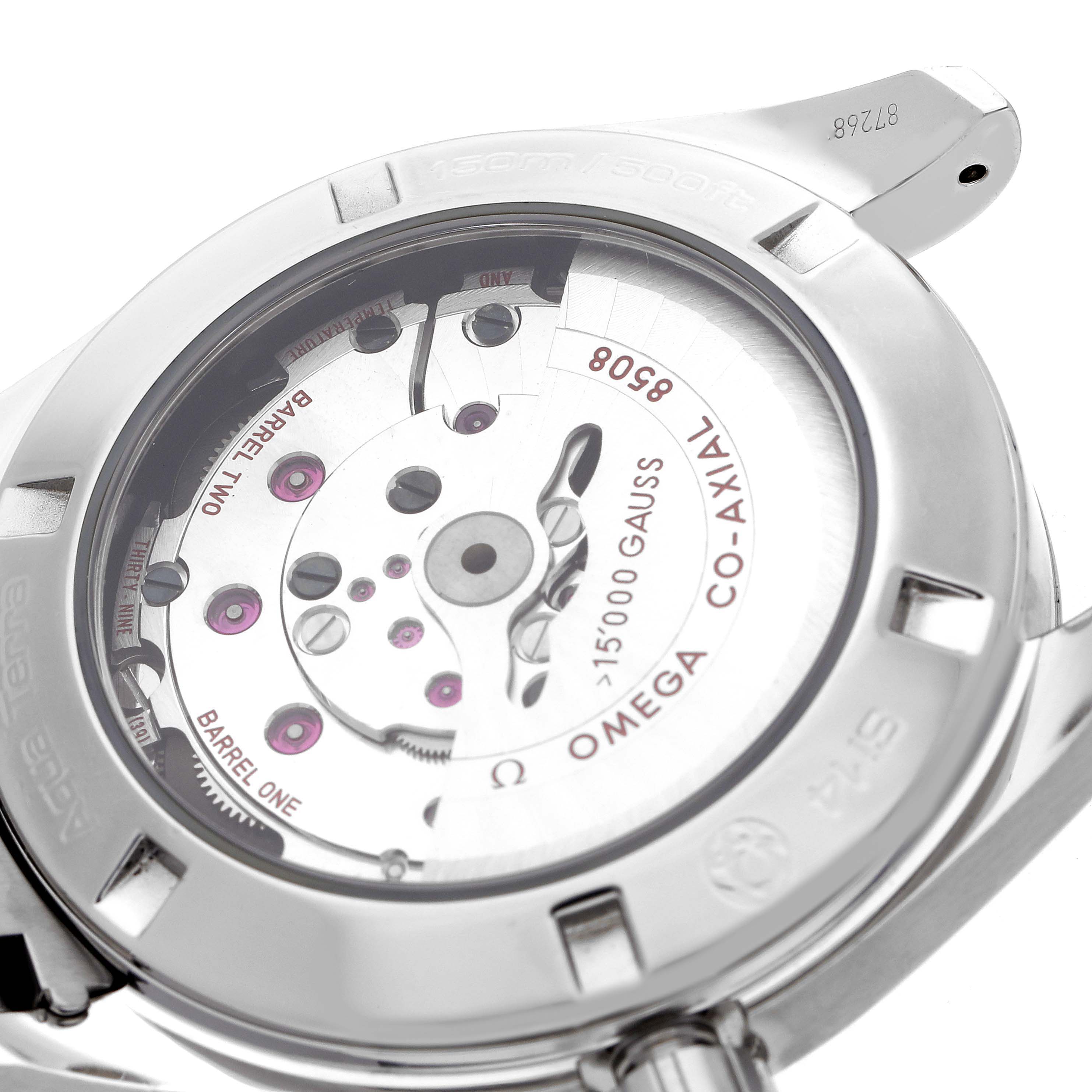 The Omega Aqua Terra 231.10.42.21.01.002 Men's Stainless Steel Black Dial 231.10.42.21.01.002 Men's Stainless Steel Black Dial watch is shown from the back, highlighting its transparent case back and movement details.