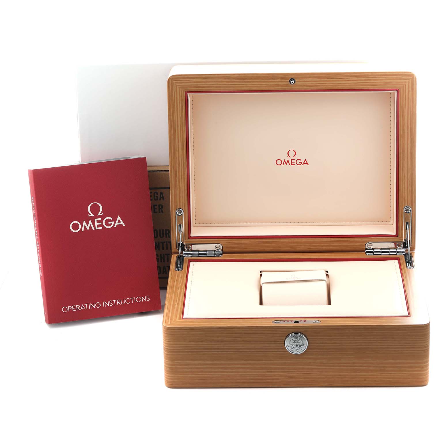 The image shows an open Omega Aqua Terra 231.10.42.21.01.002 Men's Stainless Steel Black Dial 231.10.42.21.01.002 Men's Stainless Steel Black Dial watch box with operating instructions beside it.