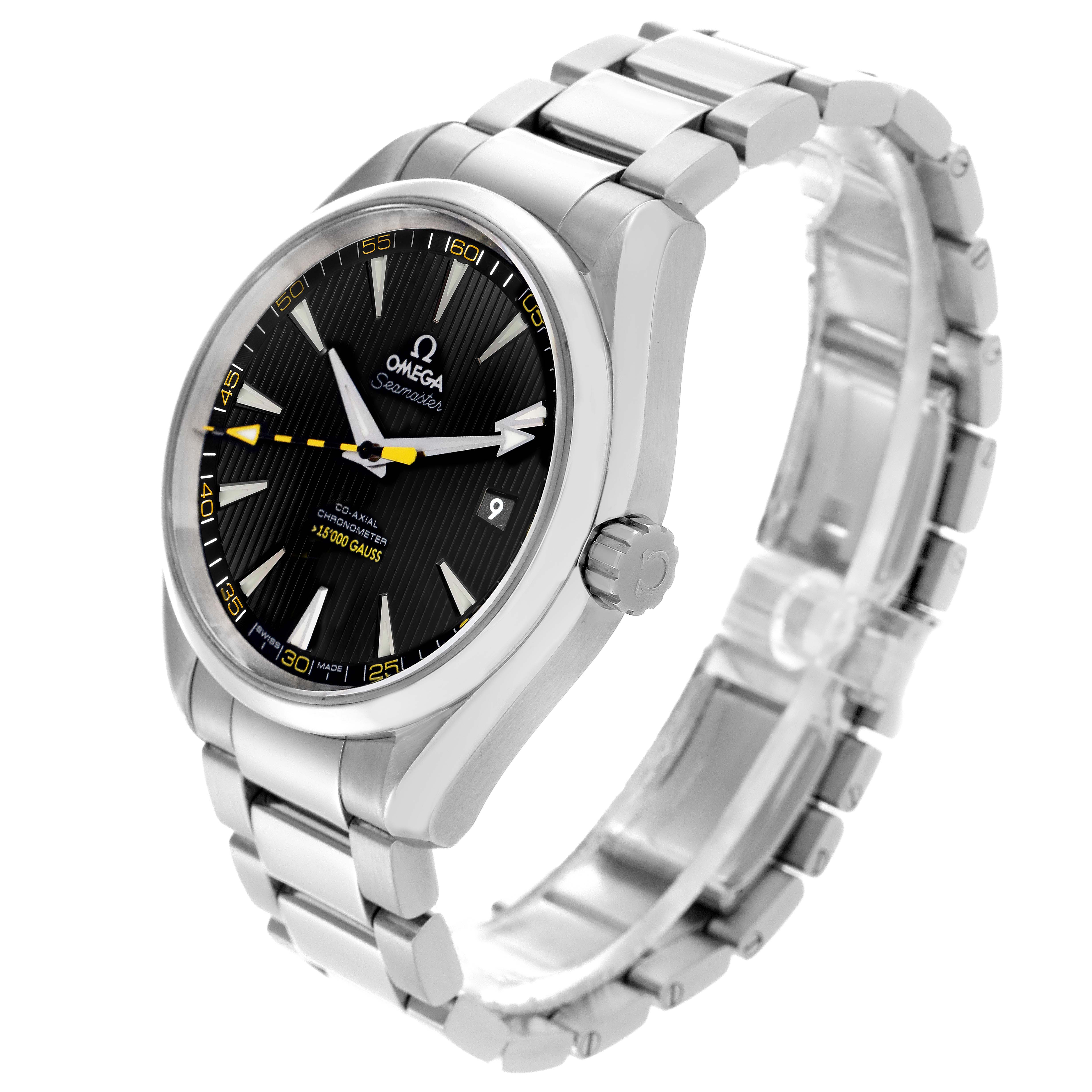 The Omega Aqua Terra 231.10.42.21.01.002 Men's Stainless Steel Black Dial 231.10.42.21.01.002 Men's Stainless Steel Black Dial watch is shown at a three-quarter angle, highlighting the face, bezel, crown, and bracelet.