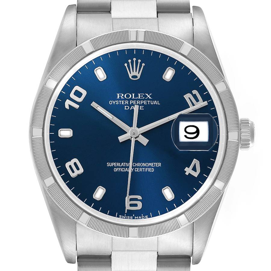 The Rolex Date 15210 Men's Stainless Steel Blue Dial 15210 Men's Stainless Steel Blue Dial model watch is shown from a front angle, displaying the dial, hands, numerals, and date window.