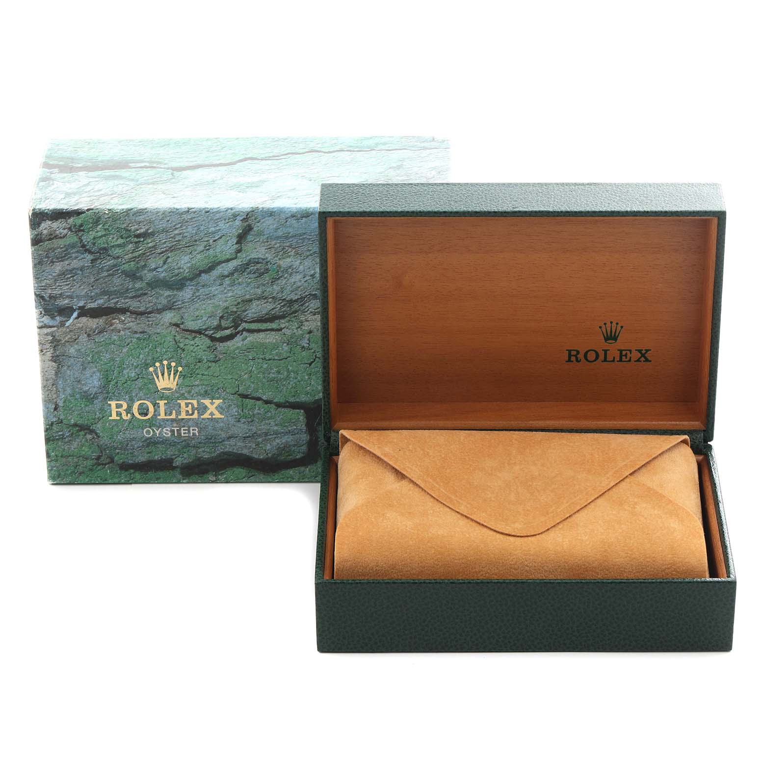 The image shows the packaging for a Rolex Date 15210 Men's Stainless Steel Blue Dial 15210 Men's Stainless Steel Blue Dial, including a closed box and a suede pouch inside the green and wooden display box.