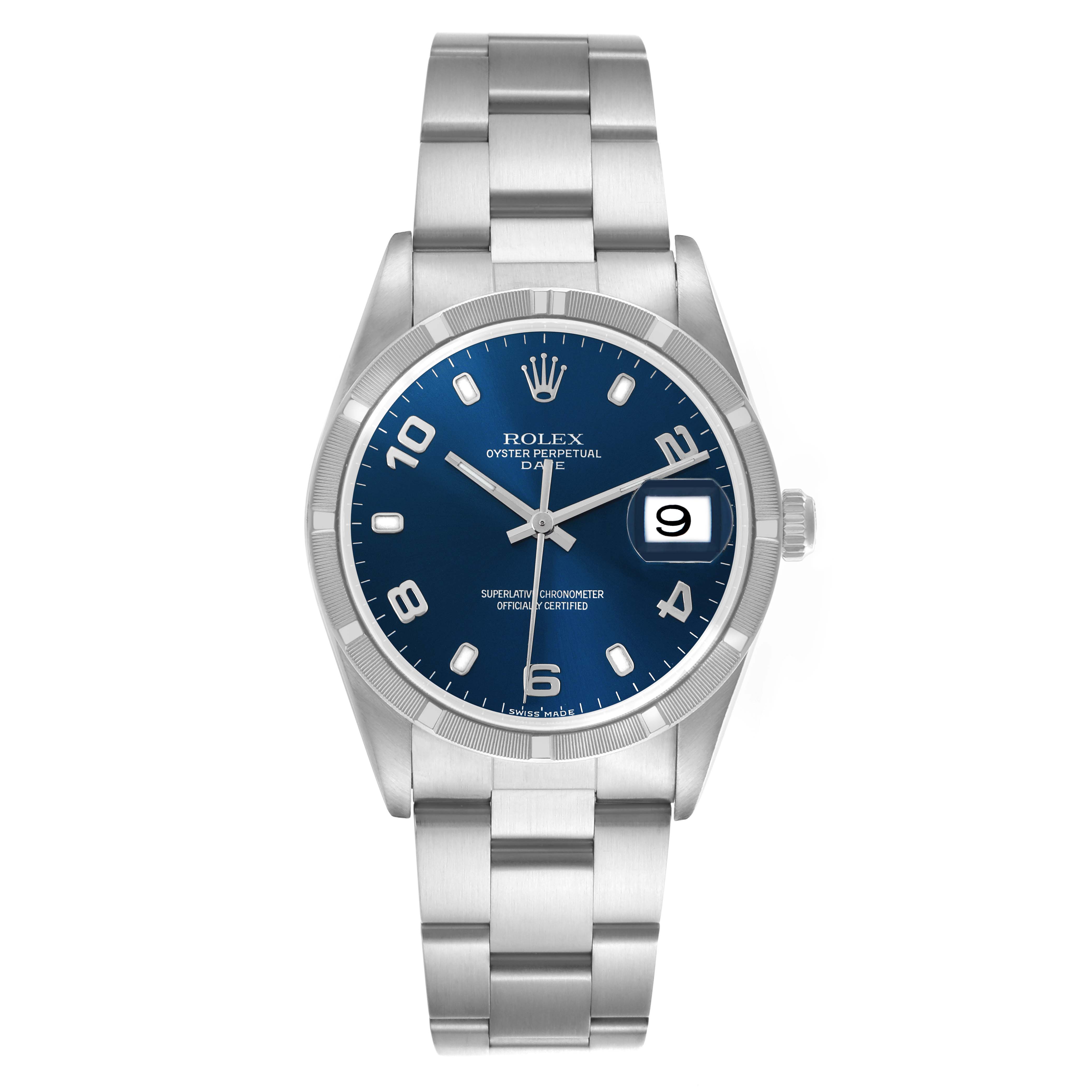 The Rolex Date 15210 Men's Stainless Steel Blue Dial 15210 Men's Stainless Steel Blue Dial watch is shown from a front angle, displaying the dial, bezel, bracelet, and date window clearly.