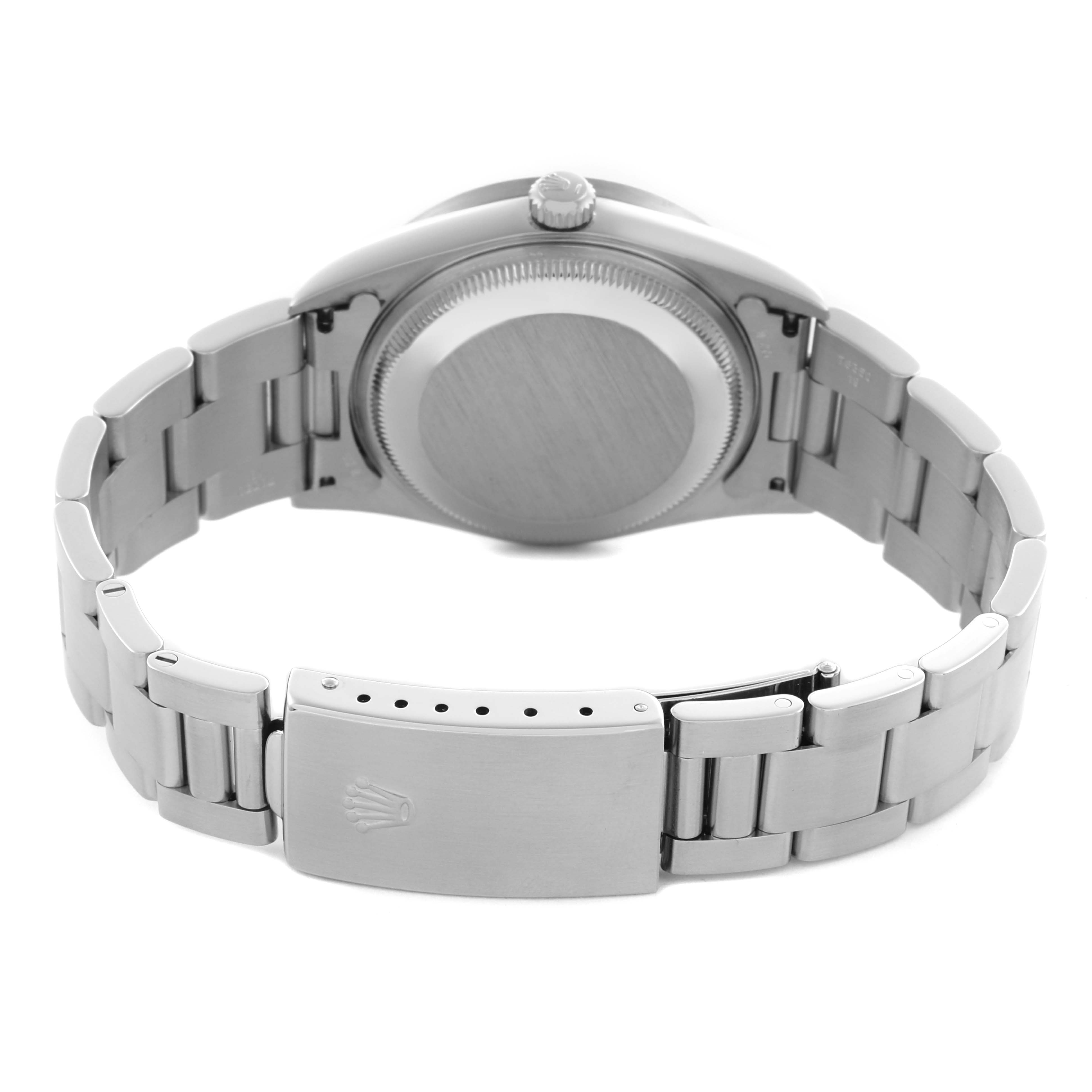 The back view of the Rolex Date 15210 Men's Stainless Steel Blue Dial 15210 Men's Stainless Steel Blue Dial model shows the clasp, case back, and bracelet.