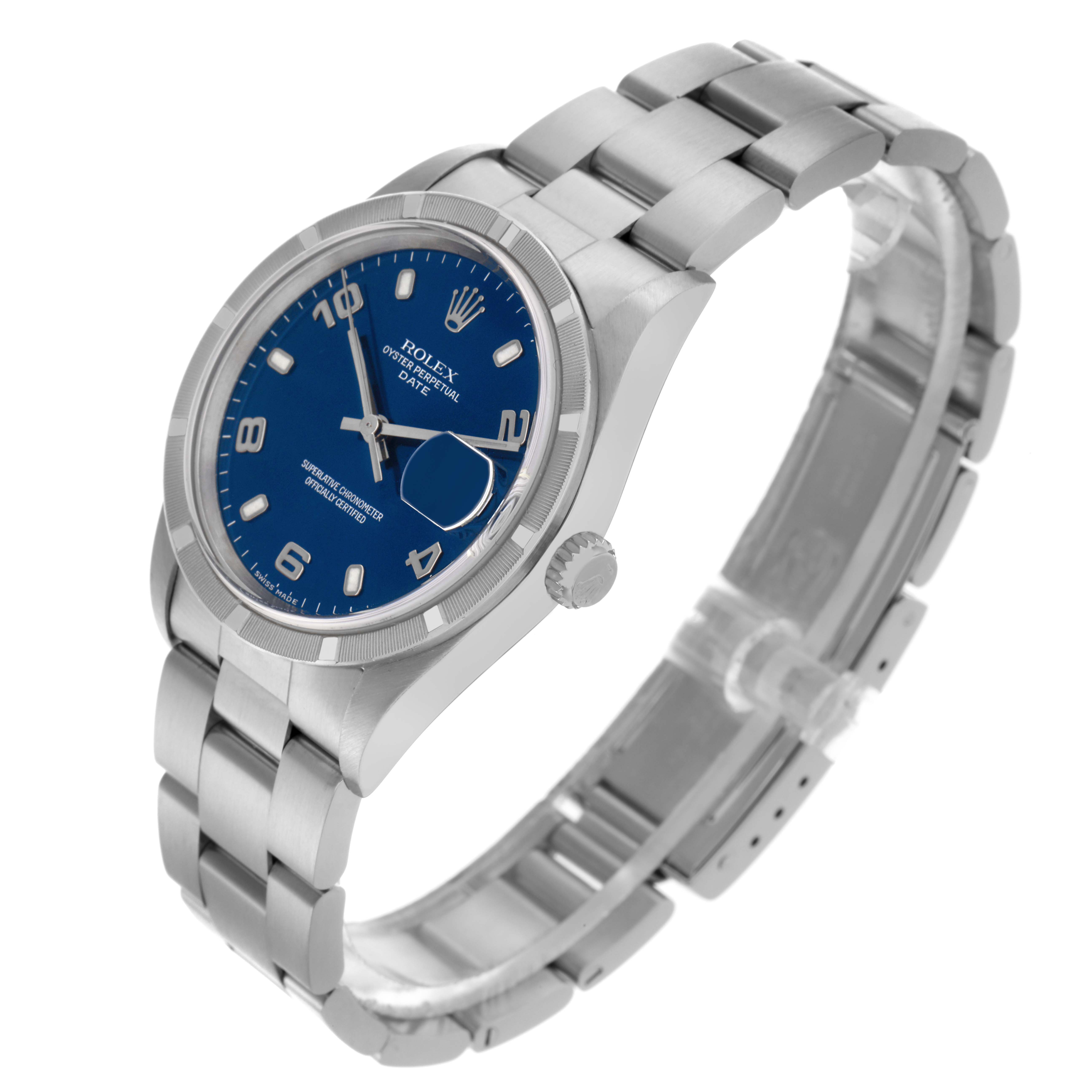 The Rolex Date 15210 Men's Stainless Steel Blue Dial 15210 Men's Stainless Steel Blue Dial watch is shown at a three-quarter angle, highlighting the blue dial, bezel, crown, and bracelet.