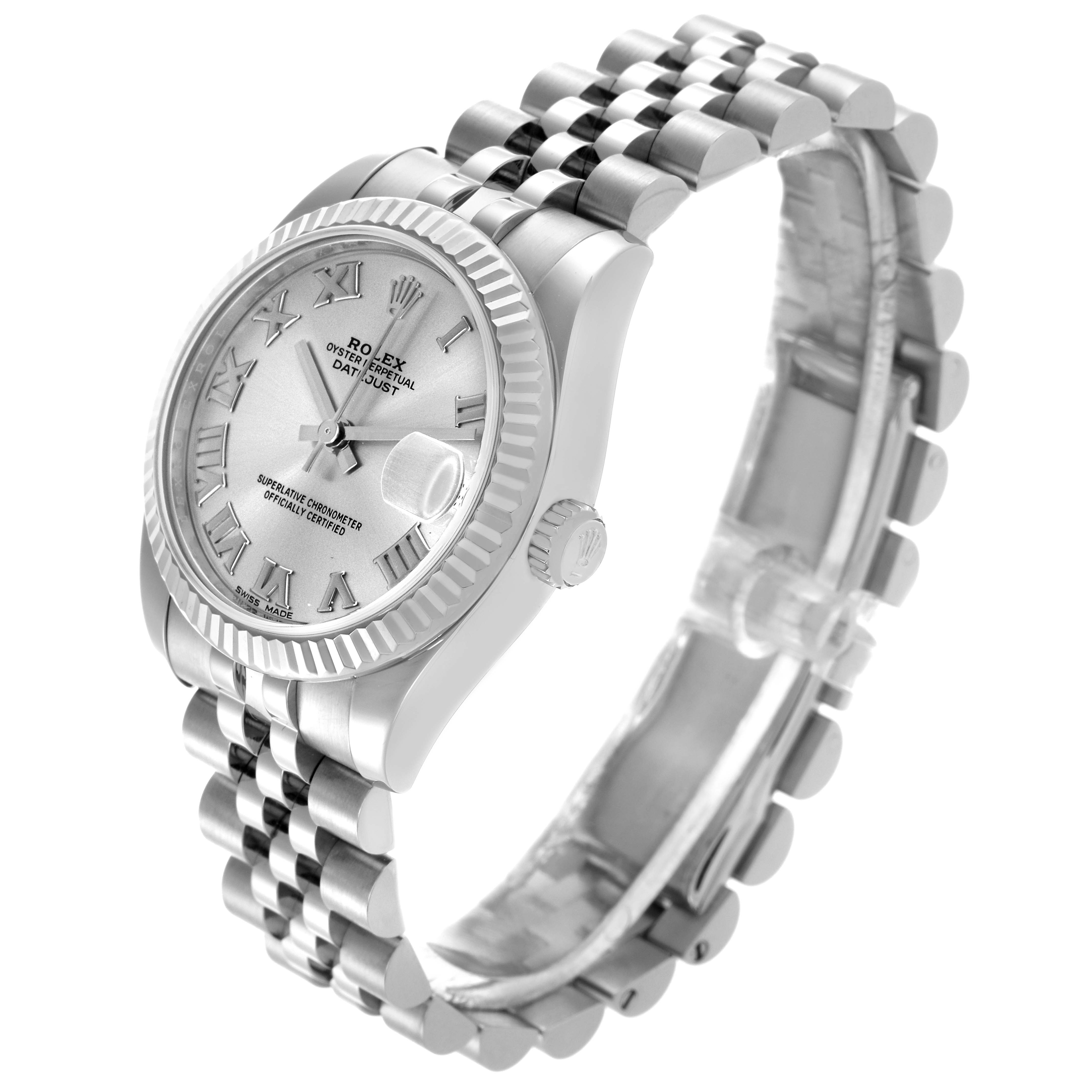 The Rolex Datejust watch is shown at a three-quarter angle, highlighting the face, bezel, and Jubilee bracelet.