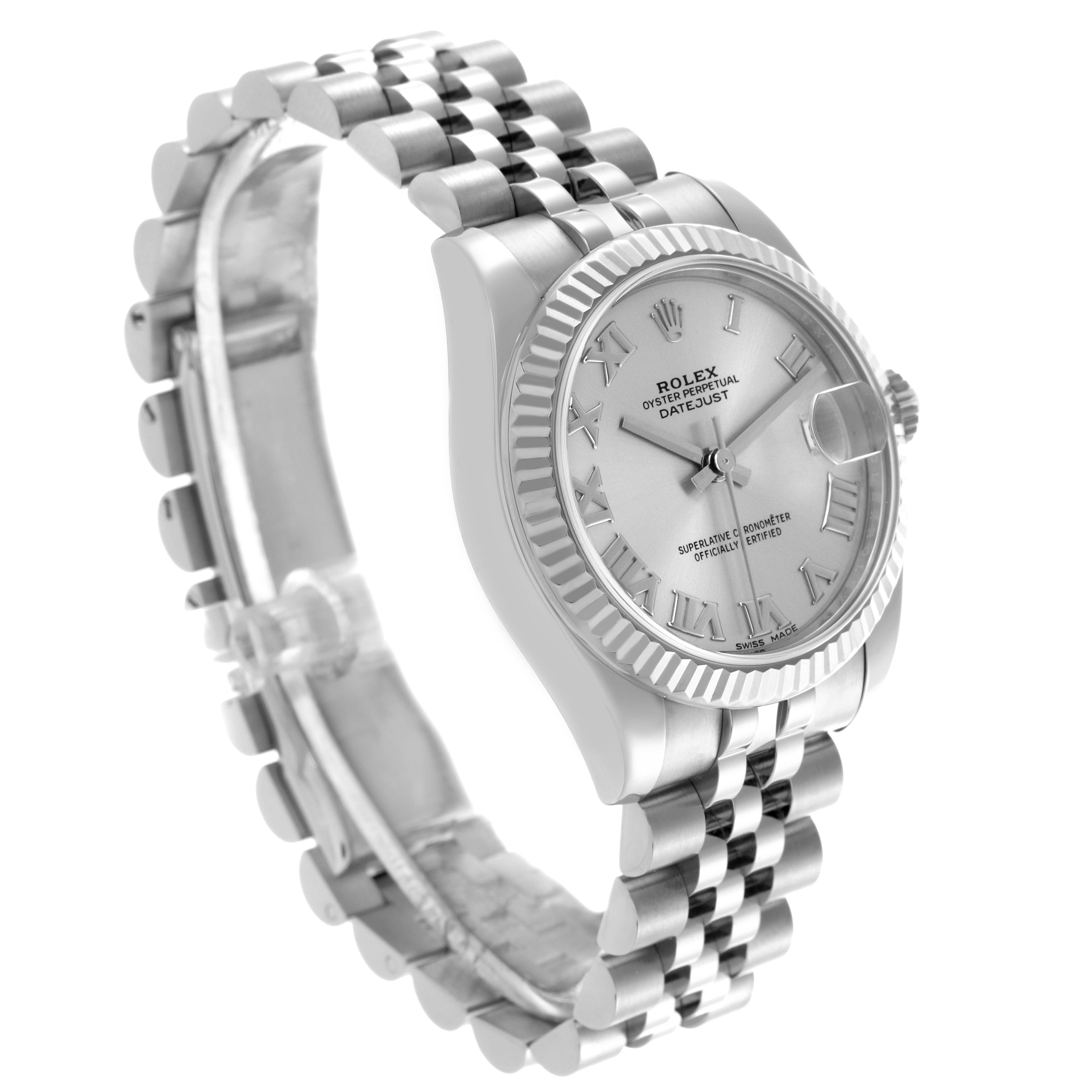 The Rolex Datejust watch is shown at a 3/4 angle, highlighting the face, bezel, and jubilee bracelet.