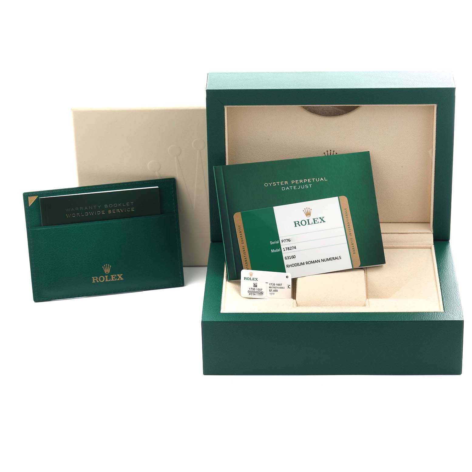 The image shows a Rolex Datejust box, warranty booklet, and authenticity card angled slightly from the front.