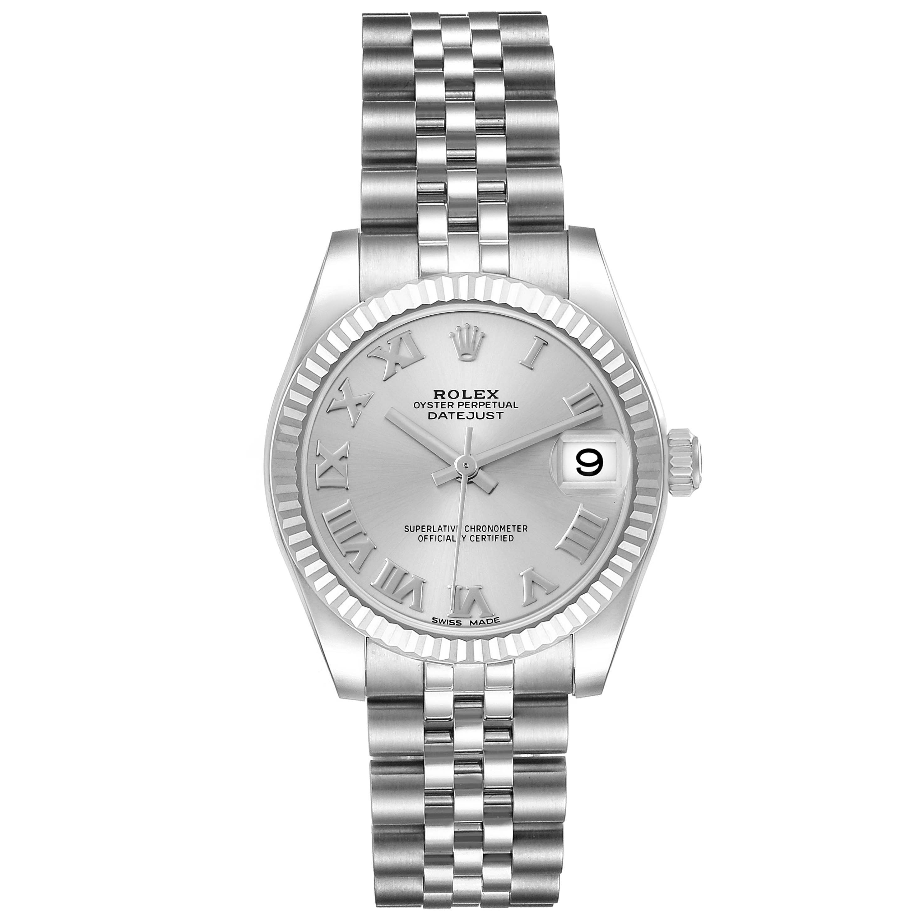 The Rolex Datejust watch is shown from the front, highlighting the dial, bezel, bracelet, and date window.