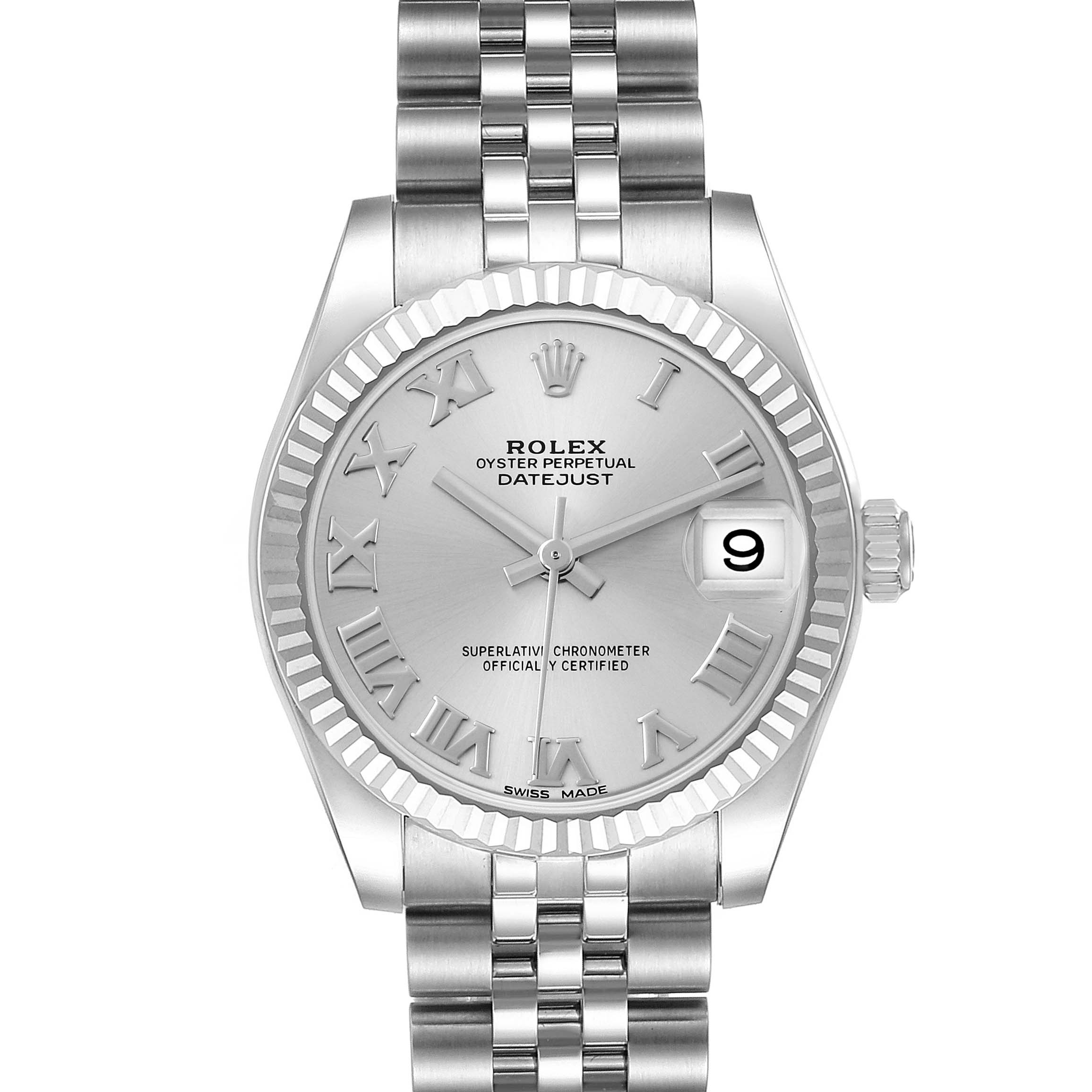 The image shows a front view of a Rolex Datejust watch, highlighting the dial, bezel, crown, and bracelet.