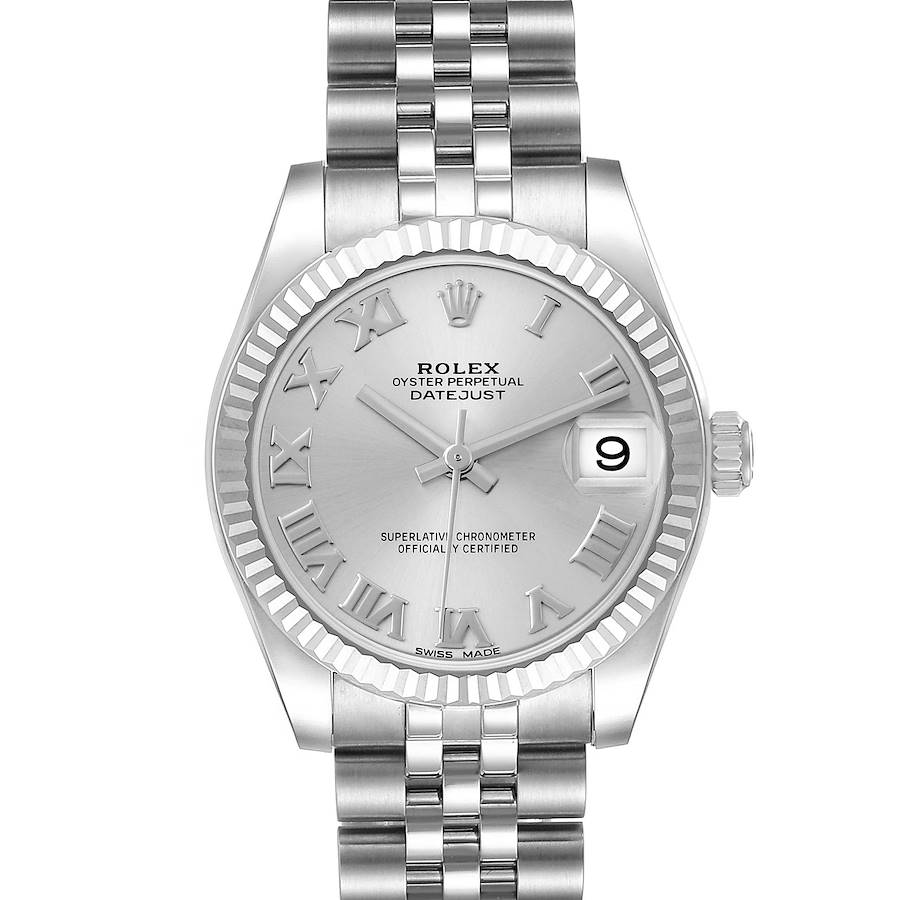 The image shows a front view of a Rolex Datejust watch, highlighting the dial, bezel, crown, and bracelet.