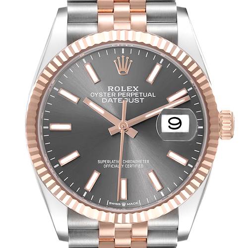 The image shows a Rolex Datejust 126231 Men's Steel and Gold (two tone) Grey Dial 126231 Men's Steel and Gold (two tone) Grey Dial watch from a front angle, highlighting the face, bezel, and part of the bracelet.