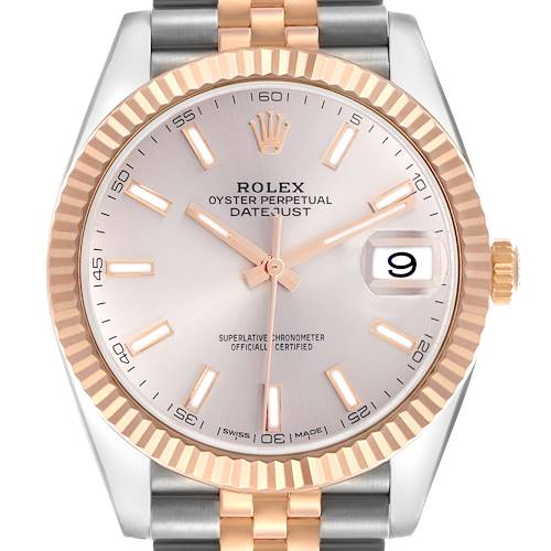 The Rolex Datejust 41 126331 Men's Steel and Gold (two tone) Pink Dial 126331 Men's Steel and Gold (two tone) Pink Dial is shown from a frontal angle, highlighting its dial, date window, two-tone bezel, and bracelet.