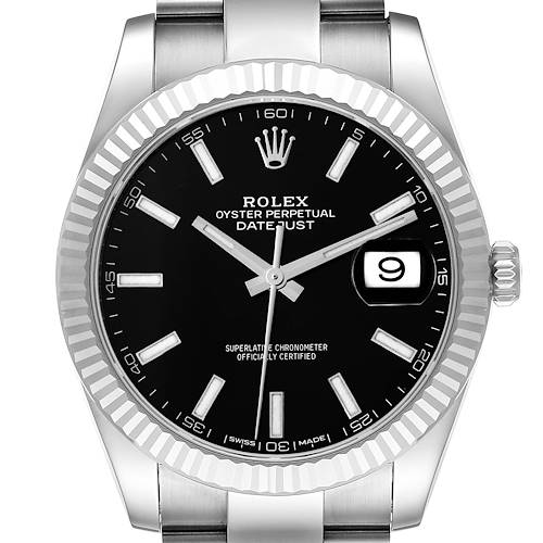 The Rolex Datejust 41 126334 Men's Stainless Steel Black Dial 126334 Men's Stainless Steel Black Dial watch is shown from the front, highlighting its fluted bezel, black dial, crown, and date window.