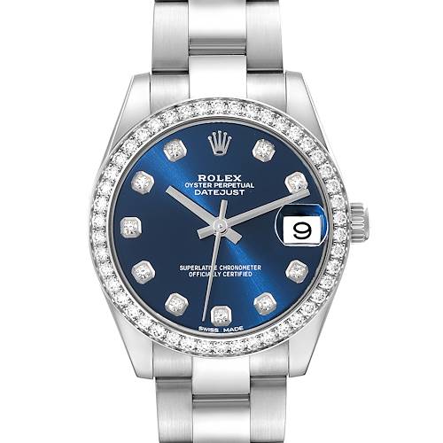 The image shows a front view of the Rolex Mid-Size 178384 Women's Stainless Steel Blue Dial 178384 Women's Stainless Steel Blue Dial Datejust watch with a blue dial and diamond bezel.