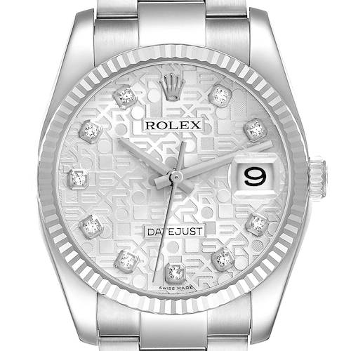 The Rolex Datejust 116234 Men's Stainless Steel Silver Dial 116234 Men's Stainless Steel Silver Dial watch is shown from a front angle displaying the dial, bezel, bracelet, and crown.