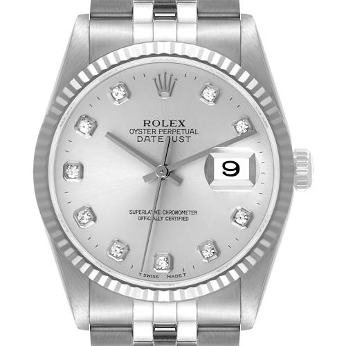 The Rolex Datejust 16234 Men's Stainless Steel Silver Dial 16234 Men's Stainless Steel Silver Dial watch is shown from the front, highlighting the dial, crown, bezel, and part of the bracelet.